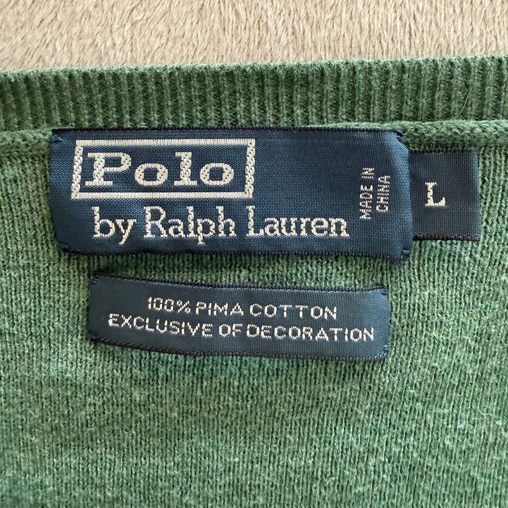 Polo Ralph Lauren Sweater Mens Large Green V-Neck 100% Pima Cotton Logo Pullover - Picture 5 of 8